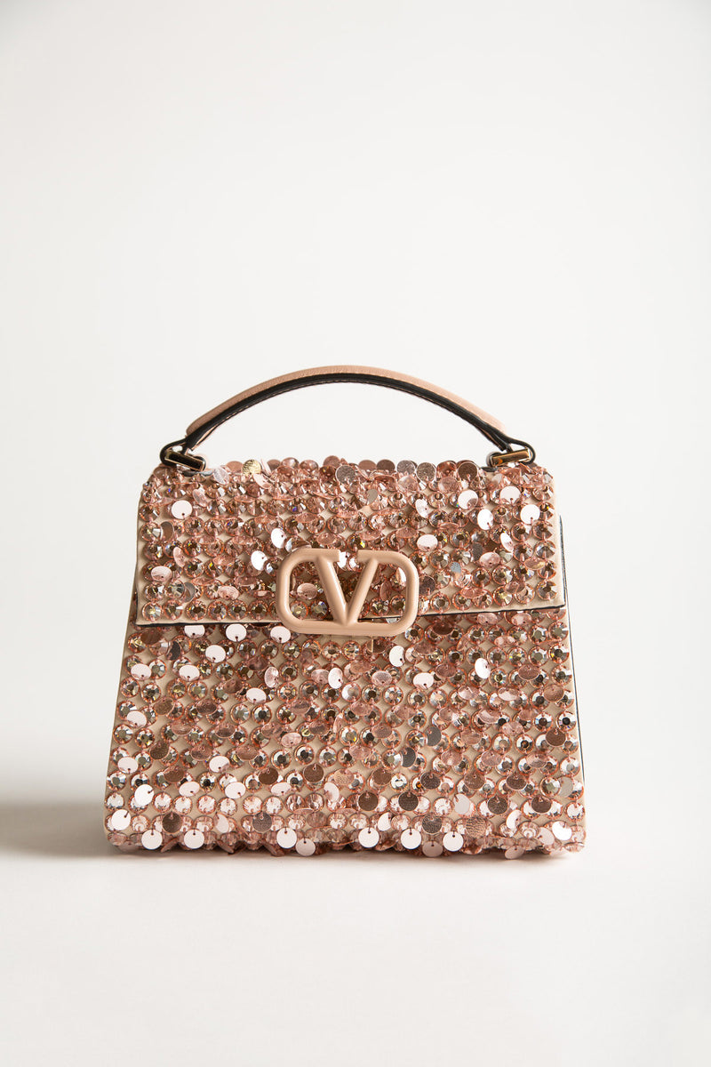 VALENTINO GARAVANI Sequins Crystal Embroidered Mini Vsling Top Handle Bag  Light Peach 1288299