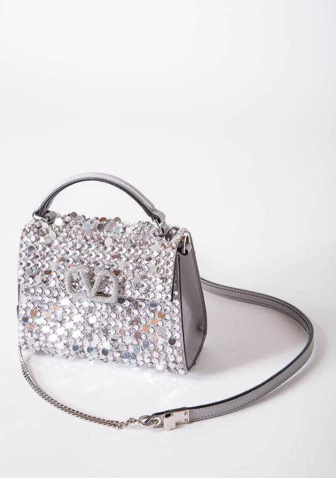 Valentino Vsling Mini 3D Sequins Top-Handle Bag Silver