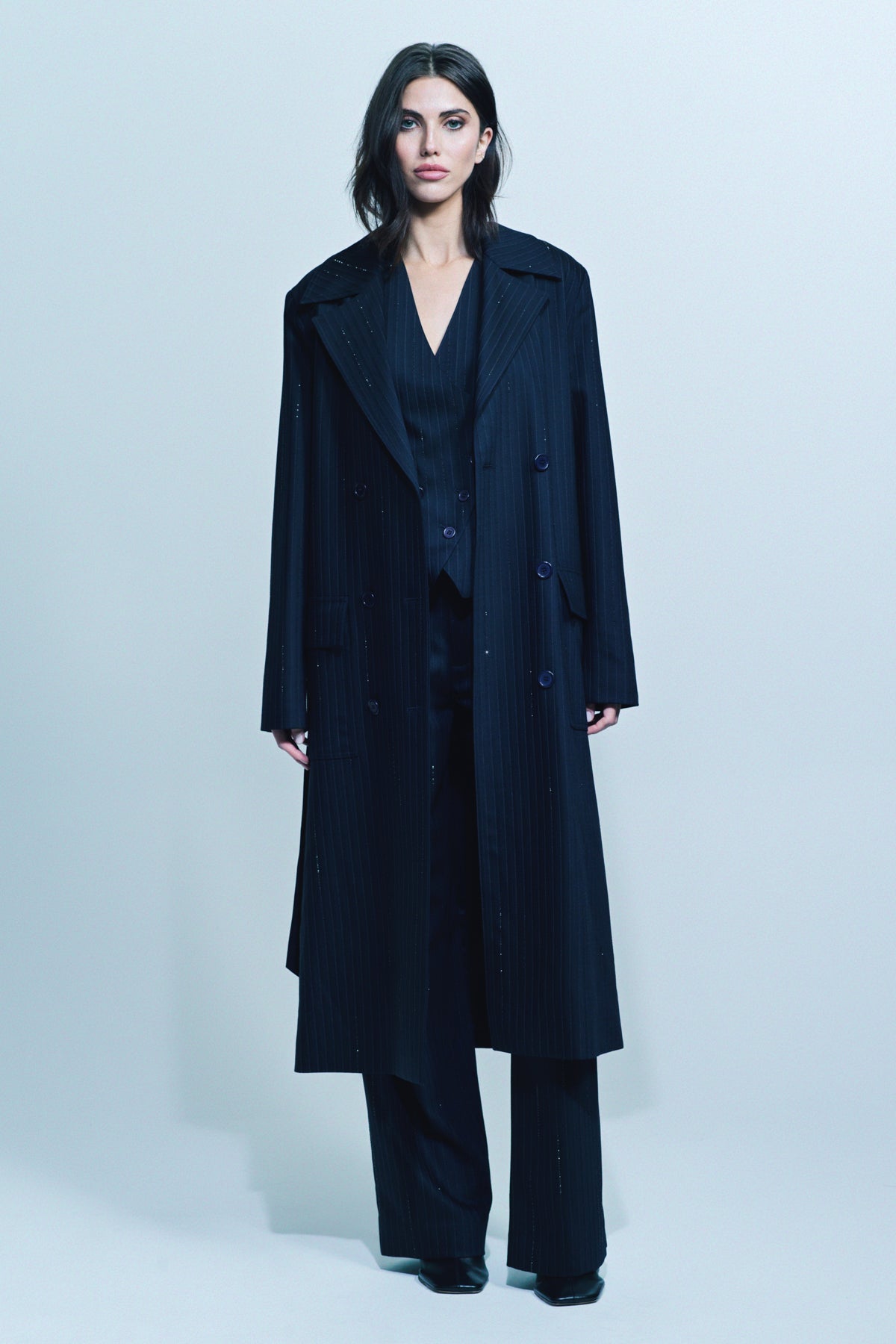 LIBERTINE | ‘CRYSTAL PINSTRIPE’ LONG TRENCH COAT - MAXFIELD LA