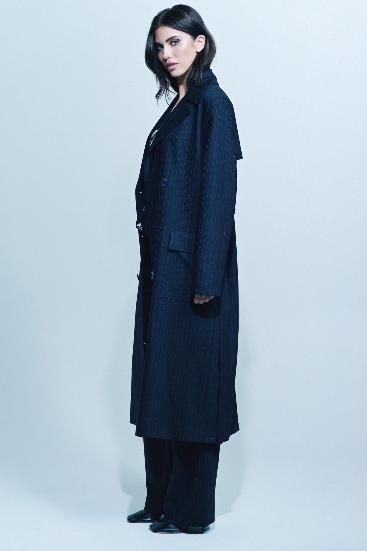 LIBERTINE | ‘CRYSTAL PINSTRIPE’ LONG TRENCH COAT - MAXFIELD LA