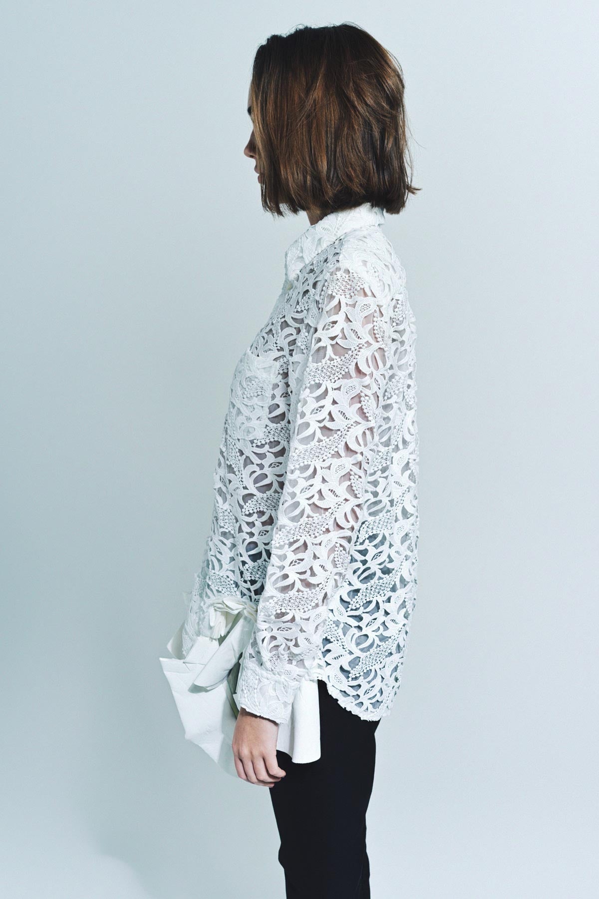 COMME DES GARCONS | LACE & FAUX LEATHER LONG SLEEVE SHIRT