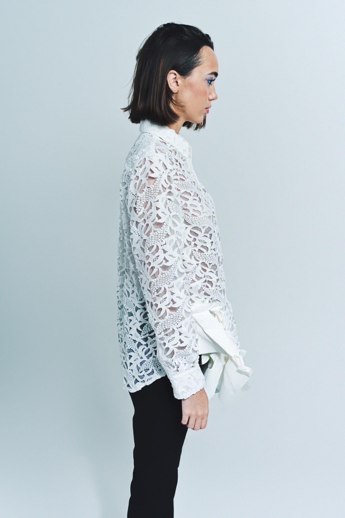 COMME DES GARCONS | LACE & FAUX LEATHER LONG SLEEVE SHIRT