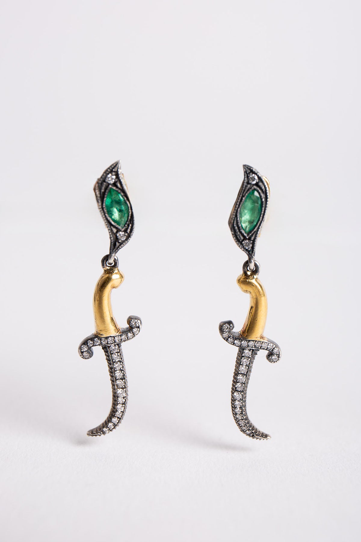 SEVAN BIÇAKÇI | 24K YELLOW GOLD, STERLING SILVER, DIAMOND, AND EMERALD EARRINGS